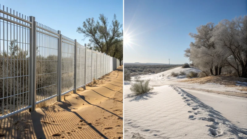 A split image of aluminum fencing in a desert and a winter landscape.