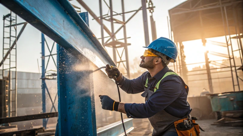 Construction worker painting a large iron beam in an industrial setting.