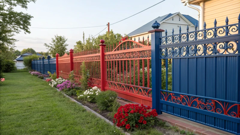 A vibrant residential yard with a custom aluminum fence and lush garden