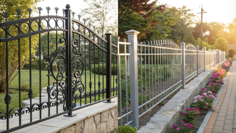 Comparison of wrought iron and steel fences in a garden setting