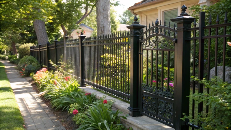 Photorealistic image of a black iron fence and gate in a garden