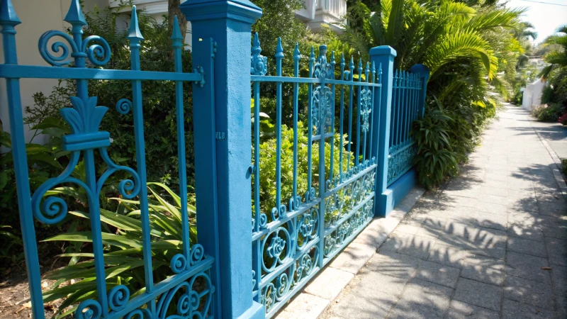 Close-up of a vibrant blue iron fence in a garden