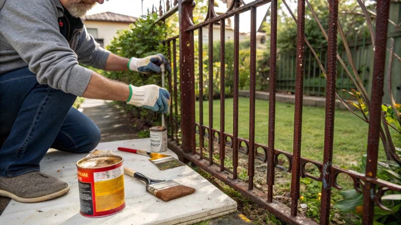 Person preparing an iron fence for painting with a wire brush in a garden setting.