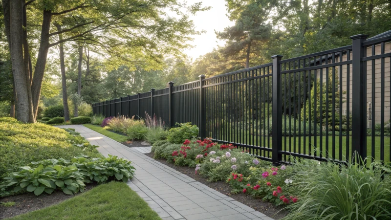 A modern black aluminum fence surrounding a vibrant garden with colorful flowers and green plants.