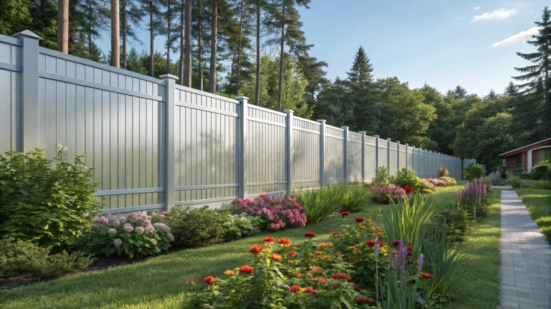 A modern aluminum fence around a vibrant flower garden