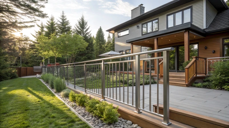 A modern backyard showcasing four types of railings: aluminum, wood, vinyl, and steel.