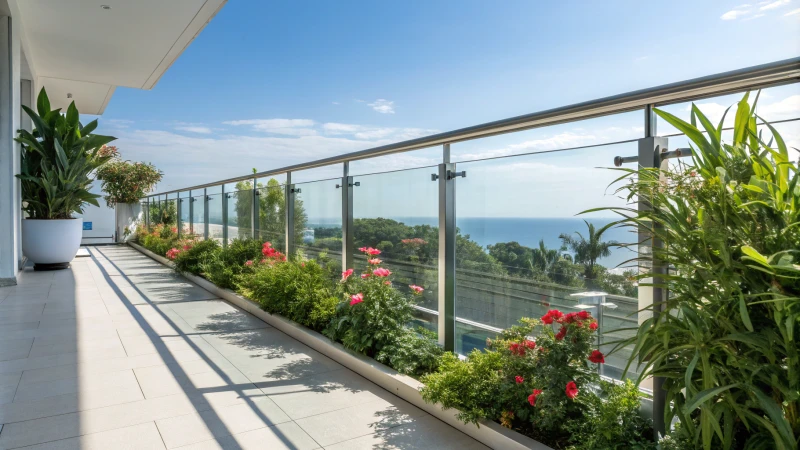 Photorealistic image of aluminum railings on a balcony with plants and flowers
