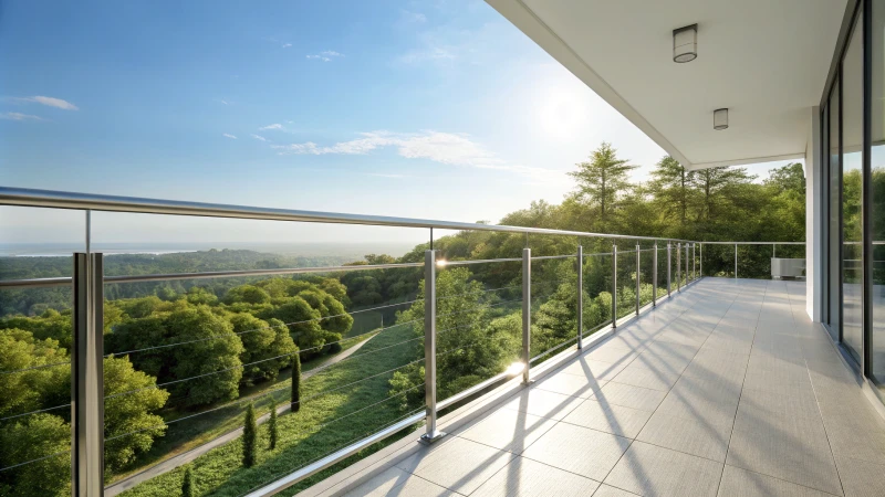 A modern balcony with a sleek aluminum railing overlooking lush greenery and a clear blue sky.