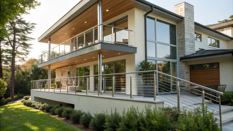 A modern home with a stylish balcony and aluminum railings