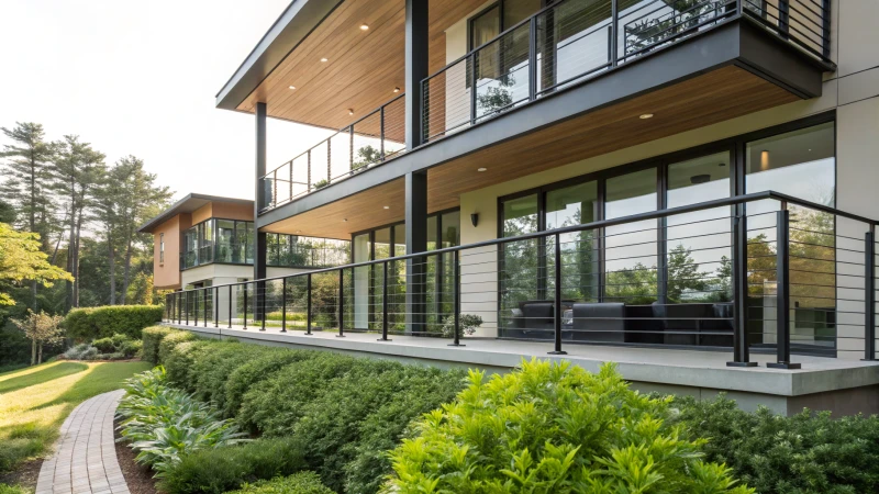 A modern house with a spacious balcony and aluminum railings overlooking a garden