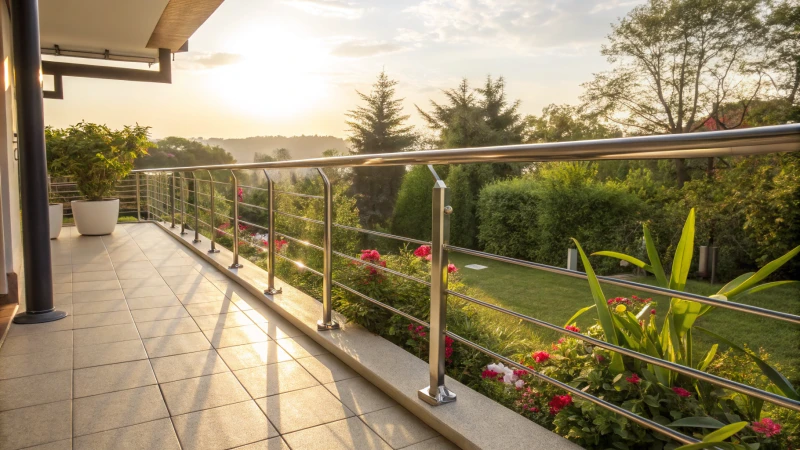 A modern outdoor patio with aluminum railings and a lush garden