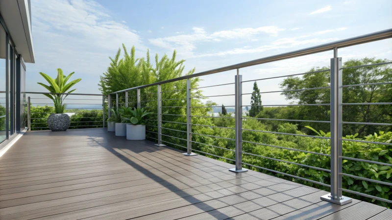 A modern outdoor patio with gray aluminum railings and lush greenery