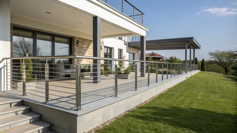 A modern outdoor space showcasing various aluminum railings in different styles.