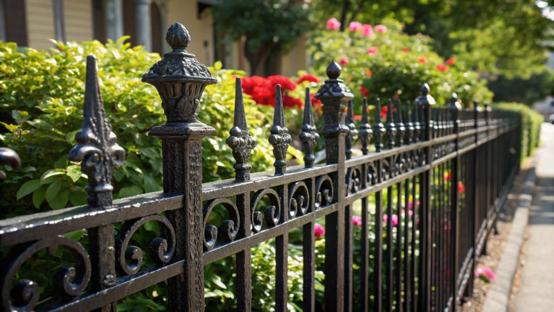 Close-up of a glossy black ornate iron fence