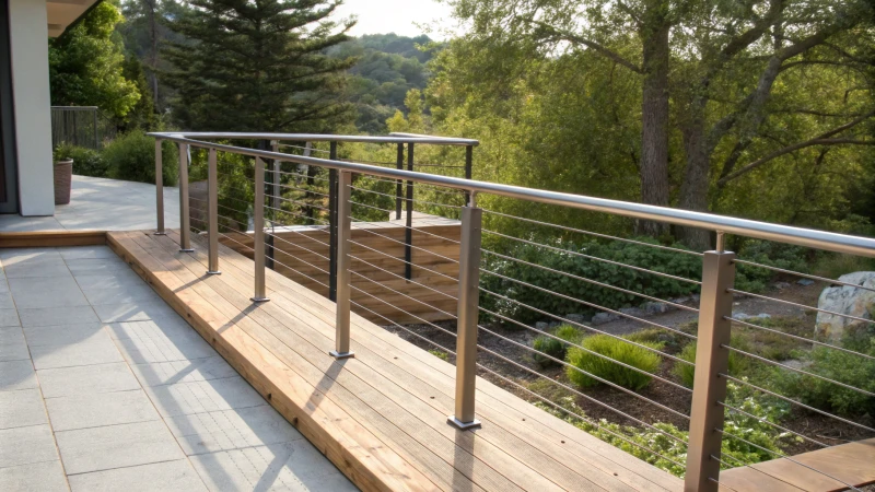 An outdoor scene showcasing three types of railings: aluminum, wood, and steel.