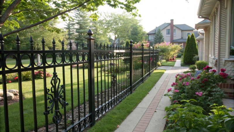 A residential yard with a wrought iron fence and a contemporary steel fence, surrounded by blooming flowers and lush greenery.