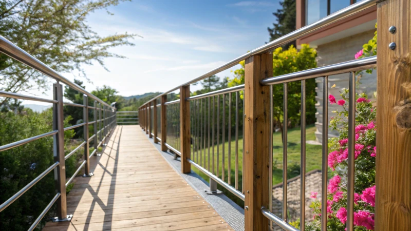 Three railings: modern aluminum, rustic wood, and shiny stainless steel in a green outdoor setting