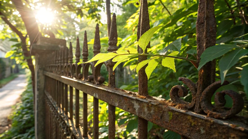 Close-up of a rusty wrought iron fence in a garden