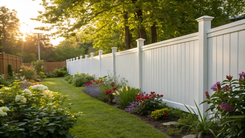 A pristine white vinyl fence surrounding a colorful garden