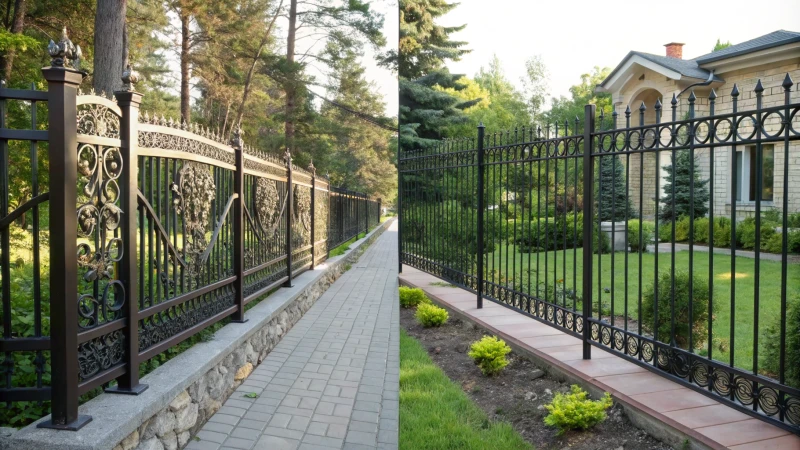 Comparison of wrought iron and steel fencing in a garden setting.